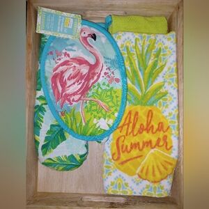 Aloha Summer Flamingo and Pineapple Kitchen Towel, Pot Holder, and Oven Mitt Set